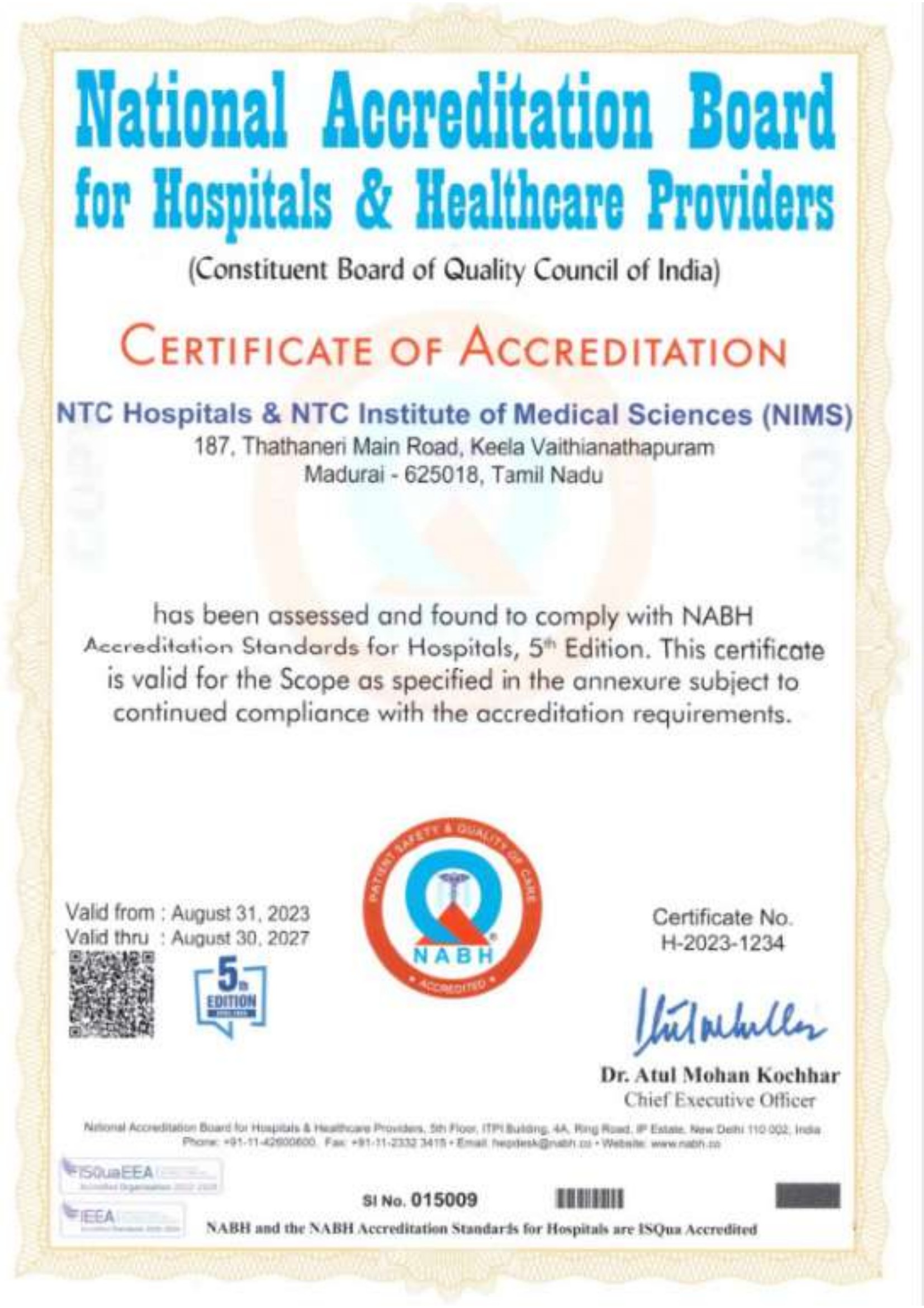 NABH Accreditation Certificate - NTC Hospitals