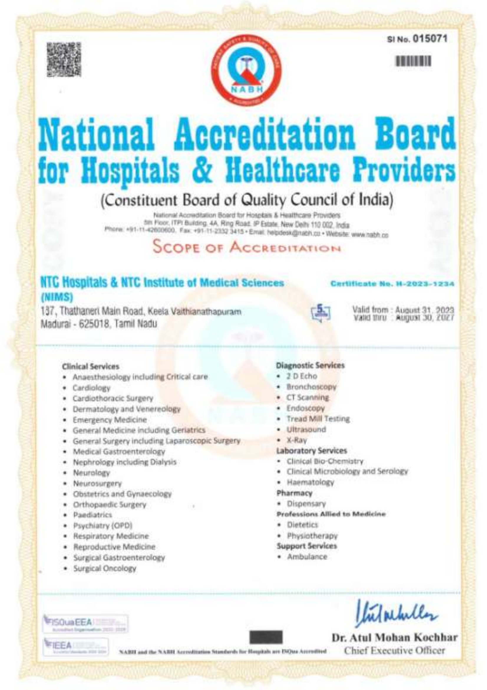 NABH Accreditation Certificate - NTC Hospitals